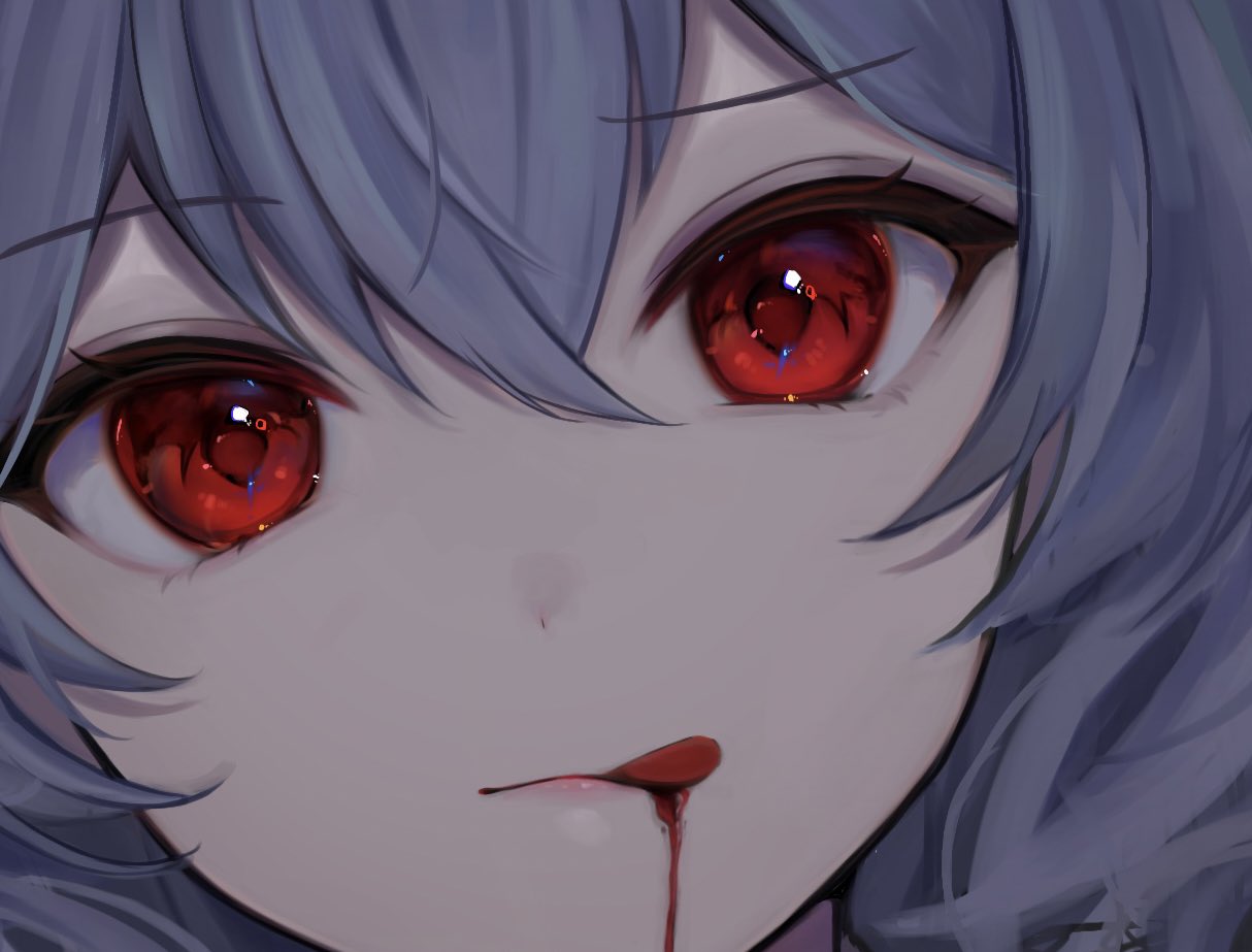 1girl blood blood_on_mouth blue_hair close-up closed_mouth eye_focus eyelashes hair_between_eyes head_tilt lips looking_at_viewer mameko_(mamemame81) portrait red_eyes remilia_scarlet smile solo symbol-shaped_pupils tongue tongue_out touhou