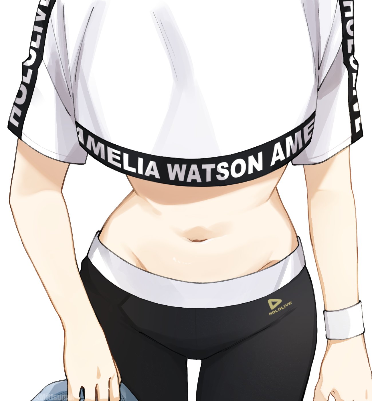 alternate_costume black_pants character_name clothes_writing commentary crop_top crop_top_overhang cropped_shirt english_commentary english_text highres hololive hololive_dance_practice_uniform hololive_english logo midriff mittsu navel pants shirt shirt_overhang stomach sweatpants t-shirt virtual_youtuber watson_amelia white_shirt workout_clothes yoga_pants