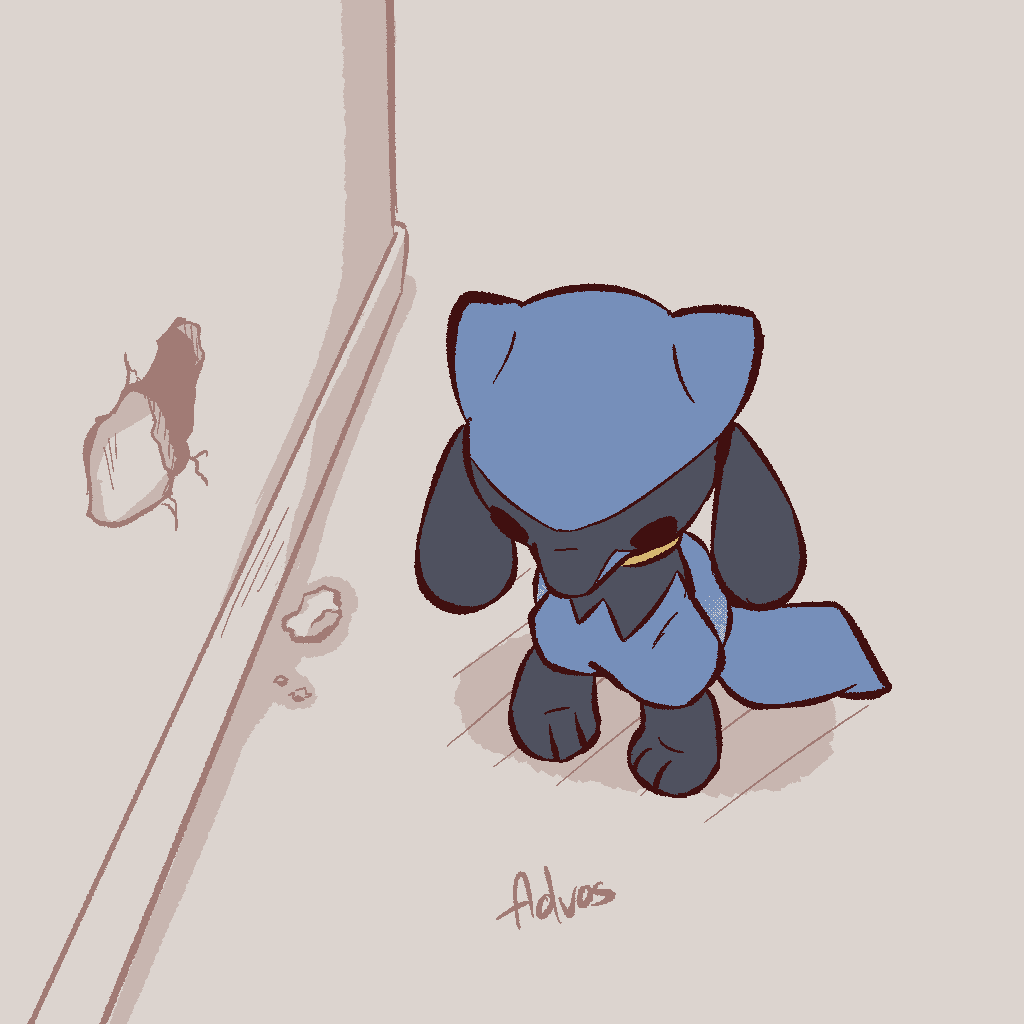 advos artist_name chibi hole_in_wall looking_down no_humans pokemon pokemon_(creature) riolu signature solo wall