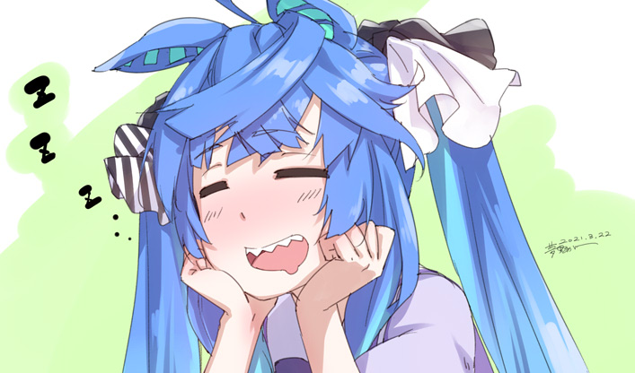 1girl =_= ahoge animal_ears blue_hair bow closed_eyes commentary_request crossed_bangs curled_fingers dated drooling ears_down green_background hair_bow hands_on_own_cheeks hands_on_own_face horse_ears horse_girl light_blush long_hair mikan_yumeno mouth_drool open_mouth school_uniform sharp_teeth sidelocks signature sleepy solo striped striped_bow teeth tracen_school_uniform twin_turbo_(umamusume) twintails umamusume upper_body upper_teeth_only zzz
