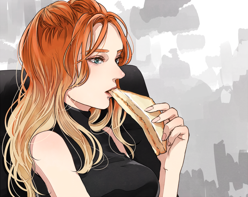 1girl avengers:_endgame avengers_(series) bare_shoulders black_tank_top blonde_hair breasts chair commentary_request eating fingernails food gradient_hair green_eyes grey_background hand_up holding holding_food holding_sandwich large_breasts lips long_fingernails long_hair looking_to_the_side marvel marvel_cinematic_universe multicolored_hair nail_polish natasha_romanoff open_mouth orange_hair pink_nails sandwich sidelocks simple_background sitting solo tank_top turtleneck yoma