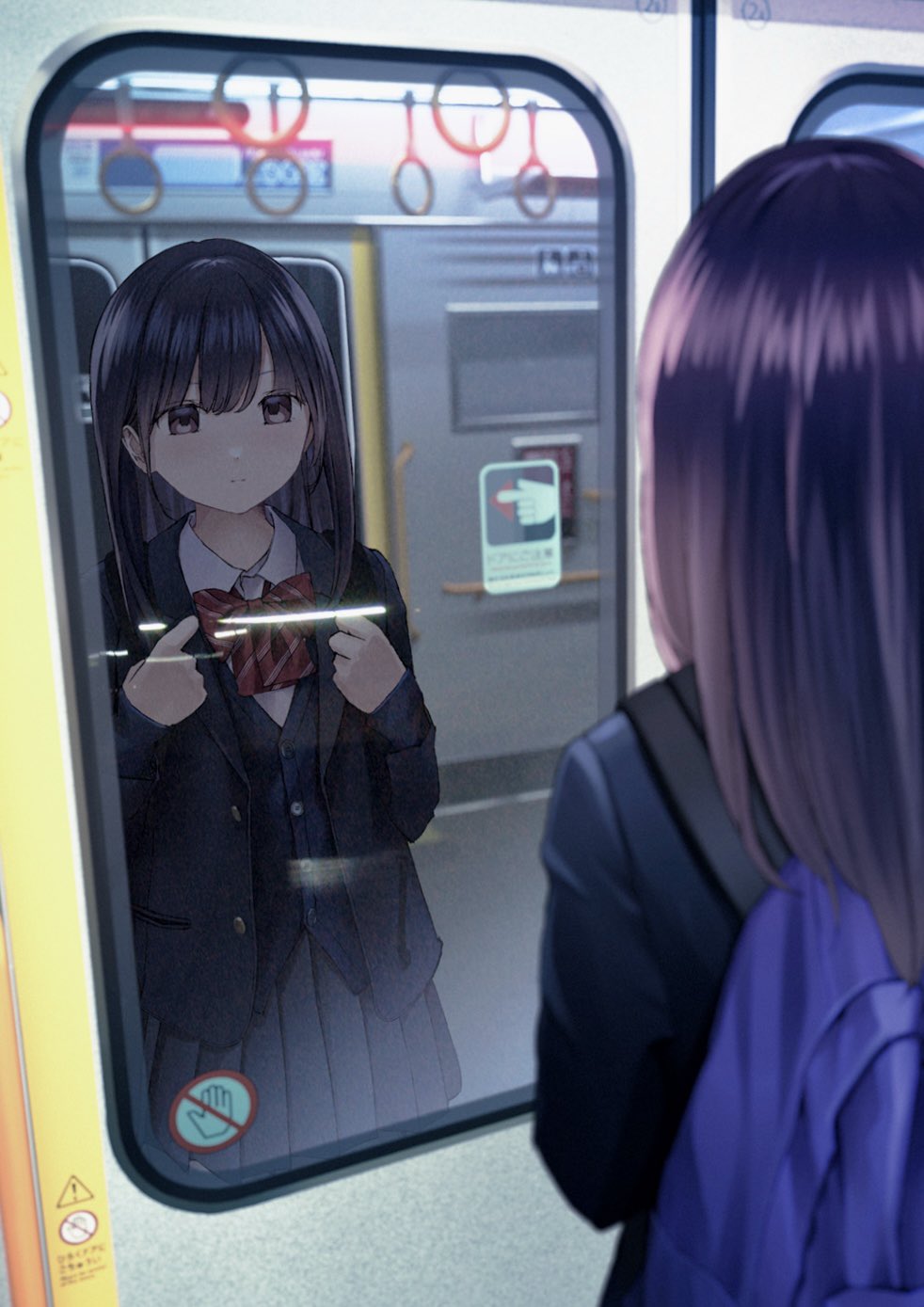 1girl backpack bag black_eyes black_hair blue_bag blue_cardigan blue_coat blurry bow bowtie cardigan chikuwa_(odennabe) closed_mouth coat commentary_request depth_of_field double-parted_bangs from_behind grey_skirt hair_between_eyes highres long_hair looking_at_mirror looking_outside mirror open_clothes open_coat original pleated_skirt red_bow red_bowtie reflection school_uniform shirt sign skirt solo straight_hair train_interior white_shirt