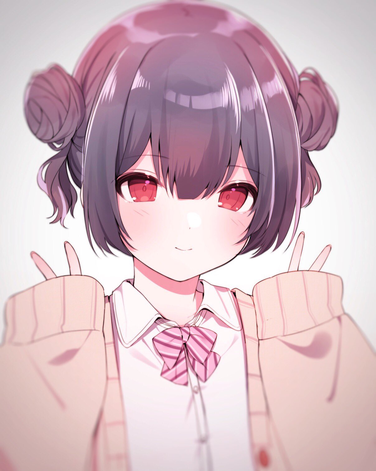 1girl alternate_hairstyle black_hair blurry blush bow bowtie brown_cardigan cardigan closed_mouth depth_of_field dot_nose double_bun double_v flat_chest gradient_background grey_background hair_between_eyes hair_bun hands_up highres idolmaster idolmaster_shiny_colors long_sleeves looking_at_viewer morino_rinze norada open_cardigan open_clothes pink_bow pink_bowtie red_eyes shirt short_hair simple_background sleeves_past_fingers sleeves_past_wrists smile solo striped striped_bow striped_bowtie upper_body v white_shirt