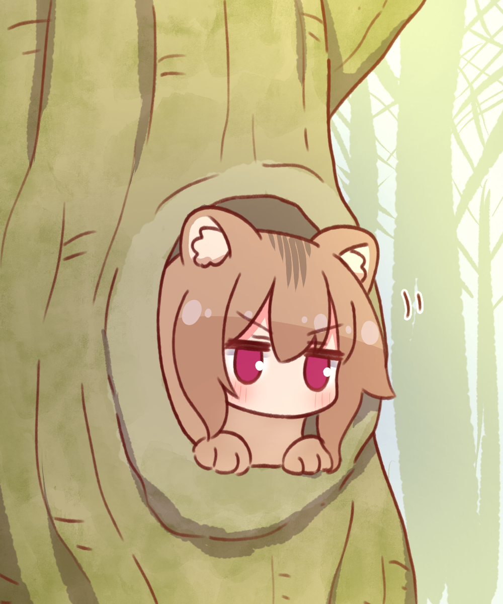 1girl animal_ear_fluff animal_ears animalization bare_tree blush brown_hair commentary_request forest hair_between_eyes highres in_tree kemomimi-chan_(naga_u) looking_at_viewer medium_hair naga_u nature no_mouth no_nose original red_eyes solo squirrel_ears squirrel_girl tree v-shaped_eyebrows violet_eyes