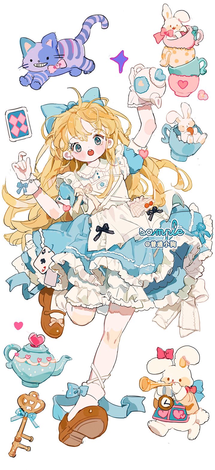 1girl ahoge alice_in_wonderland apron blonde_hair bloomers blue_bow blue_dress blue_sleeves bow bow_legwear brown_footwear buttons card cat collared_shirt commentary cup dress english_commentary footwear_bow frilled_dress frilled_shirt_collar frills full_body gloves hair_bow heart heart-shaped_pupils highres holding holding_teapot instrument key leg_ribbon leg_up long_hair mary_janes music original pink_bow playing_instrument puffy_short_sleeves puffy_sleeves putong_xiao_gou rabbit ribbon sample_watermark shirt shoes short_dress short_sleeves single_glove single_wrist_cuff socks solo symbol-shaped_pupils teacup teapot trumpet twitter_username very_long_hair watermark white_apron white_background white_bloomers white_gloves white_ribbon white_shirt white_socks white_wrist_cuffs wrist_bow wrist_cuffs yellow_bow