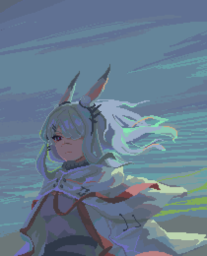 1girl animal_ears arknights black_eyes closed_mouth coat commentary_request frostnova_(arknights) grey_coat grey_hair hair_ornament hair_over_one_eye hairclip long_hair outdoors pixel_art rabbit_ears rabbit_girl scar scar_on_face scar_on_nose serpant_nergar sky solo upper_body wind