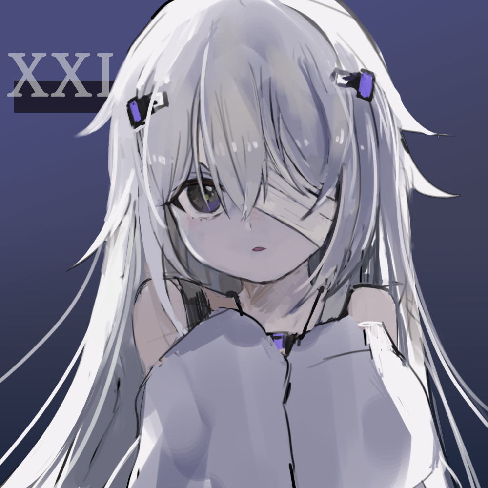 1girl bandage_over_one_eye character_name dress grey_dress grey_eyes grey_hair hair_between_eyes hair_ornament hairclip hasi_(seunga1025) long_sleeves looking_at_viewer no.21:_xxi_(punishing:_gray_raven) no.21_(punishing:_gray_raven) pale_skin parted_lips punishing:_gray_raven sidelocks sleeves_past_fingers sleeves_past_wrists solo suspenders