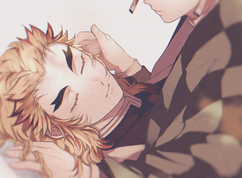 2boys amata_(pixiv25705097) blonde_hair checkered_clothes closed_eyes closed_mouth colored_tips crying demon_slayer_uniform earrings forked_eyebrows grey_background hanafuda_earrings hand_in_another's_hair hand_on_another's_head haori head_out_of_frame japanese_clothes jewelry kamado_tanjirou kimetsu_no_yaiba long_sleeves lying male_focus medium_hair multicolored_hair multiple_boys on_back redhead rengoku_kyoujurou sad simple_background solo_focus streaked_hair tears