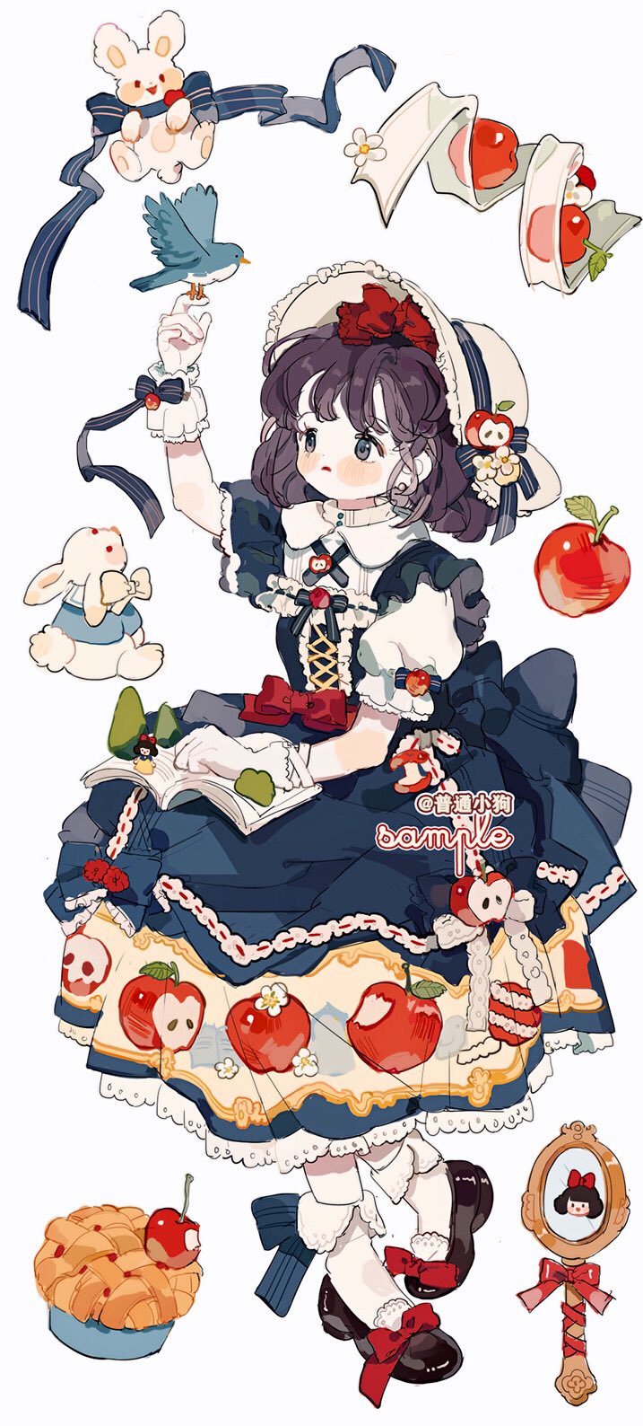 1girl apple_hair_ornament apple_pie apple_print arm_up bird bird_on_hand black_footwear blue_bow blue_dress blue_eyes blush_stickers book bookmark bow center_frills cherry closed_mouth collared_socks commentary cross-laced_clothes cross-laced_dress dress english_commentary eyelashes food food-themed_hair_ornament footwear_bow frilled_gloves frilled_hat frilled_wrist_cuffs frills frown fruit full_body gloves hair_bow hair_ornament hand_mirror hat hat_bow high_heels highres lace-trimmed_dress lace_trim long_dress looking_at_animal mirror open_book original pie pumps purple_hair putong_xiao_gou rabbit red_bow red_lips ribbon sample_watermark short_hair single_glove single_wrist_cuff socks solo striped striped_bow sun_hat watermark white_background white_gloves white_headwear white_ribbon white_socks white_wrist_cuffs wrist_bow wrist_cuffs