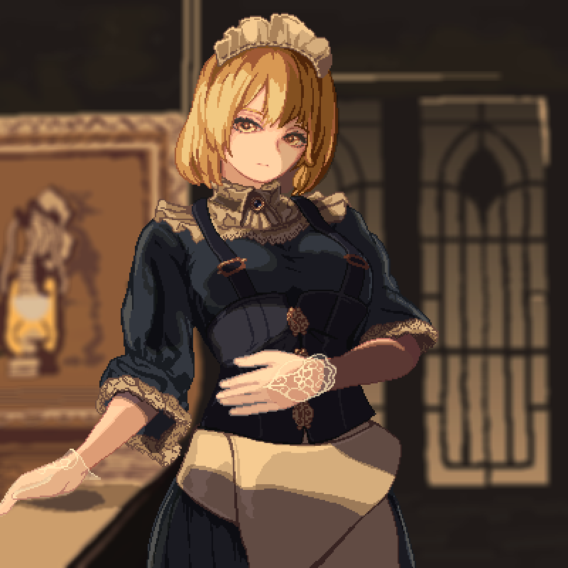 blonde_hair blue_dress brooch corset door dress frilled_sleeves frills jewelry lotus_land_story maid maid_headdress mugetsu_(touhou) nukekip painting_(object) pixel_art puffy_sleeves see-through_gloves short_hair skirt solo suspender_skirt suspenders touhou touhou_(pc-98) yellow_eyes