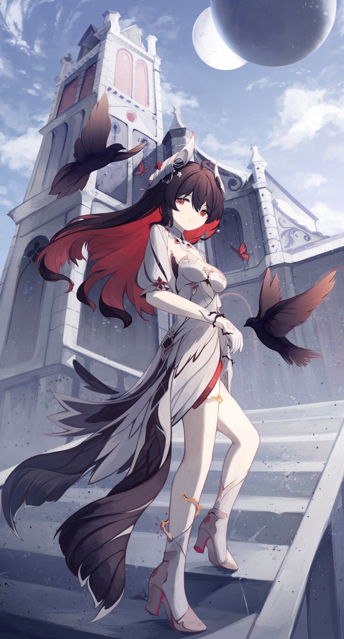 1girl animal bird black_bird bug butterfly closed_mouth colored_inner_hair crow darkworldsss dress full_body gloves highres honkai_(series) honkai_impact_3rd long_hair looking_at_viewer multicolored_hair official_alternate_costume red_butterfly red_eyes redhead seele_(alter_ego) seele_vollerei seele_vollerei_(starchasm_nyx) white_dress white_gloves white_sleeves