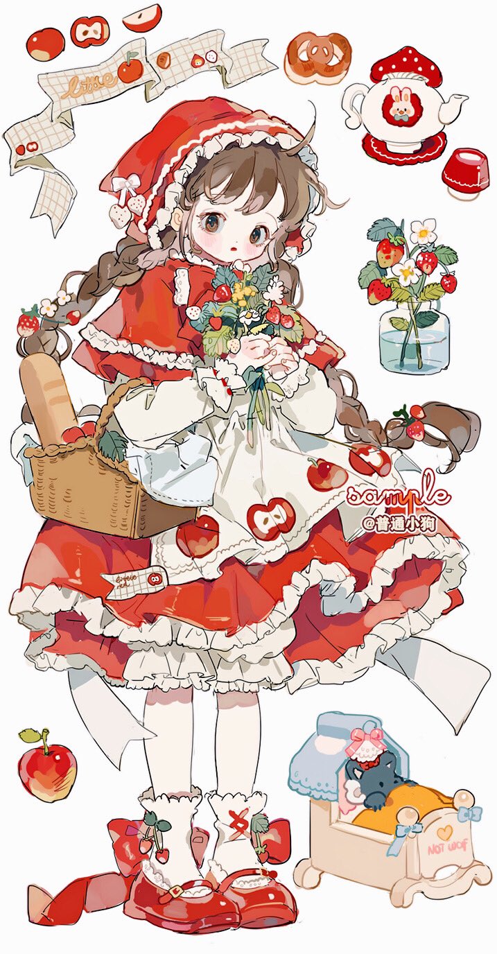 1girl ahoge apple apple_print apple_slice apron back_bow baguette banner basket belt_buckle bloomers blush_stickers book bouquet bow braid bread brown_eyes brown_hair buckle cat's_cradle cloak closed_mouth commentary cross-laced_clothes cross-laced_legwear english_commentary eyelashes food frilled_cloak frilled_hood frilled_skirt frills fruit full_body hair_bobbles hair_ornament highres holding holding_bouquet hood hood_up hooded_cloak light_frown little_red_riding_hood long_hair long_sleeves looking_back low_twin_braids mary_janes miniskirt original putong_xiao_gou red_cloak red_footwear red_lips red_skirt sample_watermark shirt shoes skirt socks solo teapot twin_braids very_long_hair watermark white_apron white_background white_bloomers white_bow white_shirt white_socks