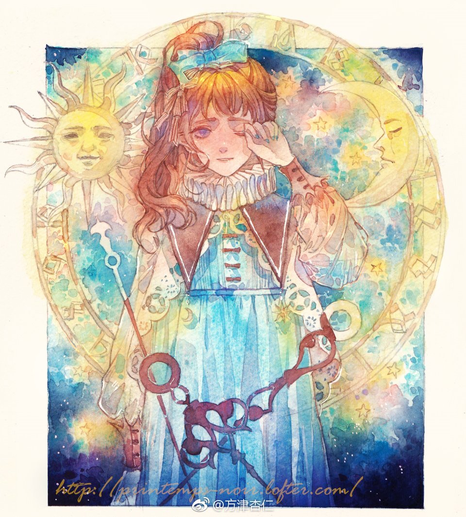 1girl analog_clock blue_dress blue_eyes border bow bow_button brown_hair capelet clock crescent_moon dress high_ponytail jacket lace lace_jacket long_dress long_hair long_sleeves moon one_eye_closed open_clothes open_jacket original painting_(medium) parted_lips pleated_dress puffy_long_sleeves puffy_sleeves red_bow red_capelet rubbing_eyes side_ponytail sky smile solo star_(sky) starry_sky straight-on sun traditional_media watercolor_(medium) weibo_logo weibo_username white_border white_jacket yanmian_(printemps-noir)