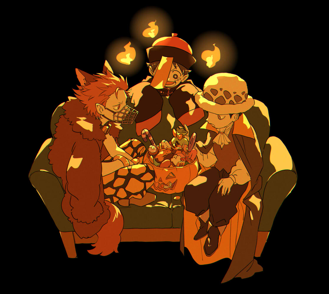 3boys aged_down animal_ears ascot black_cape black_hair bracelet brown_coat candy cape chizuko_(chiduk0) coat couch dark_background eustass_kid fire food halloween halloween_bucket halloween_costume jewelry jiangshi_costume looking_at_object monkey_d._luffy multiple_boys muzzle on_couch one_piece open_mouth pumpkin redhead scar scar_on_face short_hair sleeves_past_fingers sleeves_past_wrists trafalgar_law vampire_costume werewolf_costume white_ascot white_headwear wolf_ears