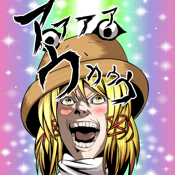 1girl blonde_hair blush brown_headwear comedy commentary_request death_note god_of_the_new_world hair_ribbon hat heaven_condition hiro_(pqtks113) laughing medium_bangs medium_hair moriya_suwako open_mouth parody portrait red_ribbon ribbon smile solo teeth touhou translation_request v-shaped_eyebrows yellow_eyes