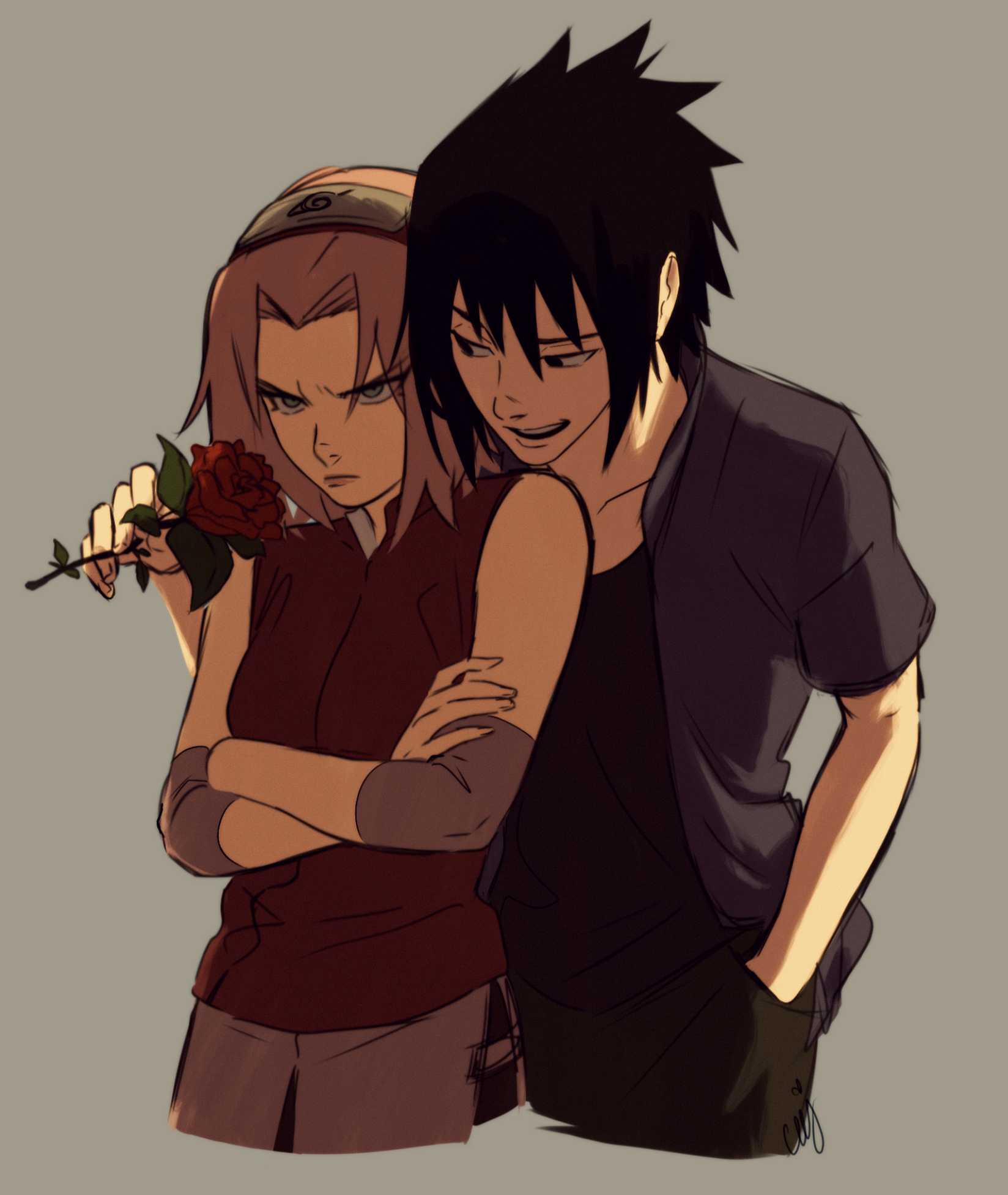 1boy 1girl black_eyes black_hair black_shirt breasts ceejles commentary crossed_arms flower forehead_protector frown furrowed_brow grey_eyes hairband hand_in_pocket haruno_sakura height_difference hetero highres holding holding_flower konohagakure_symbol naruto_(series) naruto_shippuuden open_clothes open_mouth open_shirt pink_hair red_flower red_rose rose shirt signature small_breasts smile uchiha_sasuke