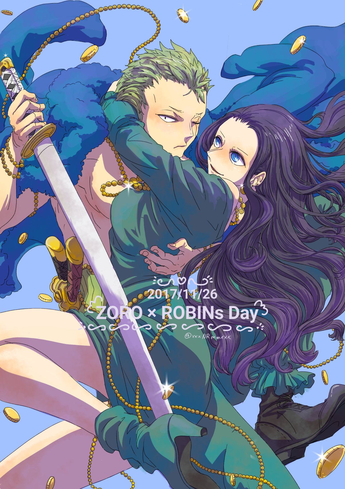 1boy 1girl black_footwear blue_background blue_coat blue_eyes boots coat coin commentary dress green_dress green_footwear green_hair haramaki highres hug long_hair looking_at_another looking_at_viewer nico_robin nikoban one_piece pants profile roronoa_zoro scar scar_across_eye scar_on_face short_hair simple_background smile spiky_hair sword torso weapon
