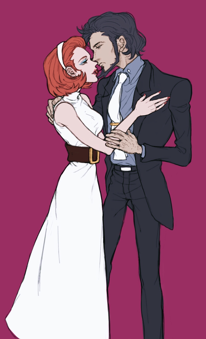 1boy 1girl beard black_hair cicciolina_(lupin_iii) closed_mouth commentary dress eye_contact face-to-face facial_hair formal hairband highres jigen_daisuke lips lipstick looking_at_another lupin_iii lupin_the_third:_mine_fujiko_to_iu_onna makeup matchi nail_polish necktie red_nails redhead short_hair sideburns simple_background sleeveless standing suit white_dress white_hairband white_necktie