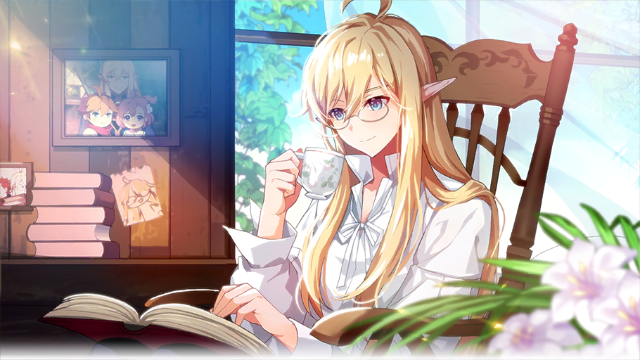 1boy blonde_hair blue_eyes book book_stack chair closed_mouth cup curtains drawing_(object) elf flower glasses grand_chase hair_between_eyes holding holding_cup kassias_grandiel leaf long_hair long_sleeves male_focus official_art open_book open_collar photo_(object) picture_frame pointy_ears popped_collar reading shirt smile solo table teacup third-party_source transparent_curtains upper_body white_flower white_shirt window wooden_wall