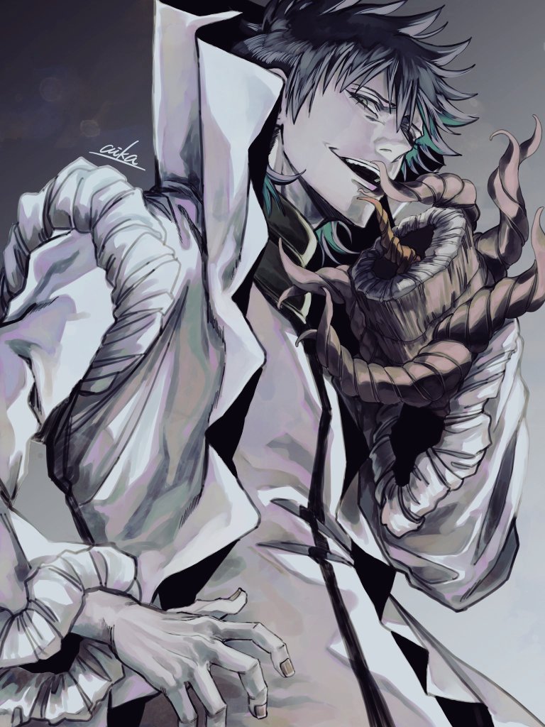 1boy aaroniero_arruruerie arrancar artist_name black_hair bleach evil_smile extra_mouth frilled_sleeves frills gerogero_aa hair_between_eyes hand_up high_collar jacket long_sleeves looking_at_viewer male_focus monochrome_background monster_boy open_clothes open_jacket open_mouth shirt smile solo teeth tentacles tongue upper_body upper_teeth_only white_jacket white_shirt wide_sleeves
