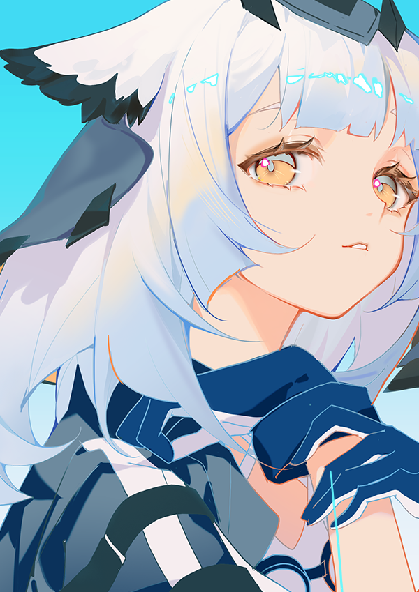 1girl aqua_background arknights blue_gloves dress gloves goggles goggles_around_neck hands_up indai_(3330425) long_hair looking_at_viewer owl_ears parted_lips portrait ptilopsis_(arknights) simple_background solo white_dress white_hair yellow_eyes