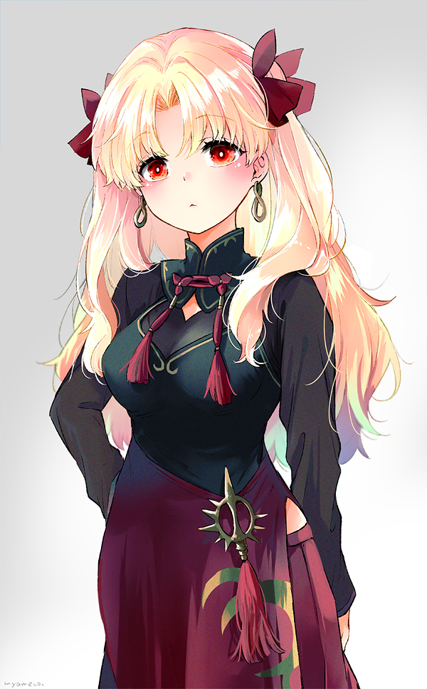 1girl alternate_costume azumi_(myameco) blonde_hair breasts cleavage_cutout closed_mouth clothing_cutout earrings ereshkigal_(fate) ereshkigal_(youming_niangniang)_(fate) fate/grand_order fate_(series) gradient_background grey_background hair_ribbon jewelry long_hair long_sleeves looking_at_viewer medium_breasts red_eyes red_ribbon ribbon solo two_side_up