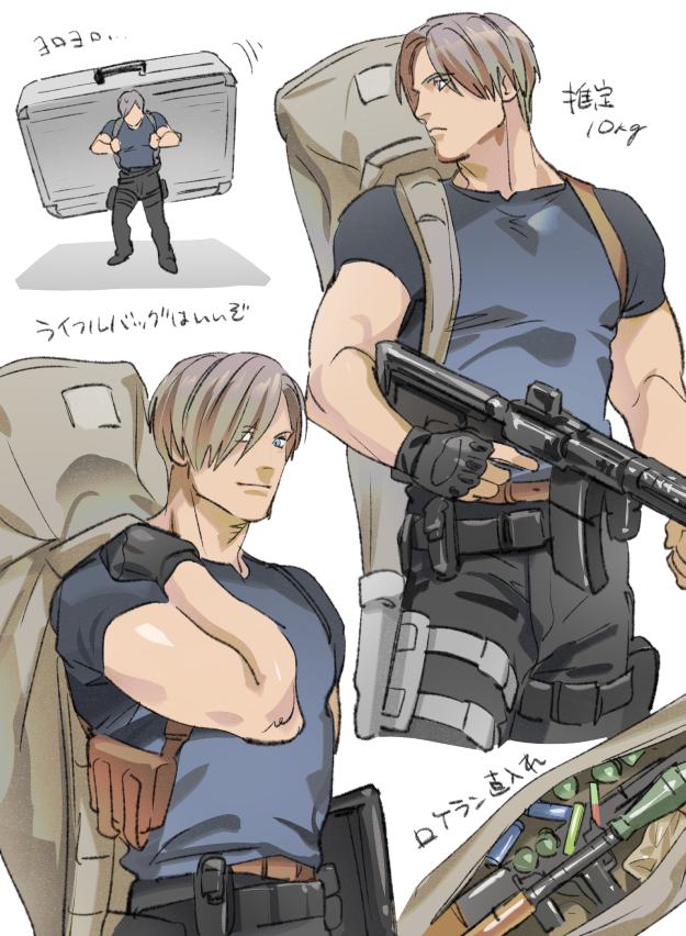 1boy assault_rifle backpack bag blue_eyes brown_hair commentary_request explosive fingerless_gloves frown gloves grenade gun holding holding_gun holding_suitcase holding_weapon holster leon_s._kennedy male_focus muscular muscular_male resident_evil resident_evil_4 resident_evil_4_(remake) rifle rocket_launcher rpg_(weapon) shoulder_holster smile suitcase tatsumi_(psmhbpiuczn) thigh_pouch translation_request trigger_discipline weapon