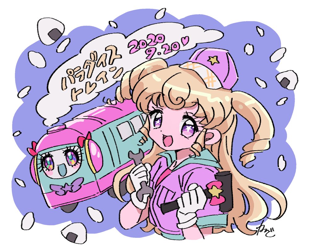 1girl :d baseball_cap blonde_hair commentary_request cropped_torso dated food gloves hammer hands_up hat holding holding_hammer holding_wrench idol_time_pripara jacket long_hair looking_at_viewer onigiri open_mouth pink_headwear pink_jacket pretty_(series) pripara rice ringlets rituyama1 short_sleeves signature smile smoke solo takki_(pripara) train translation_request two_side_up upper_body violet_eyes white_gloves wrench yumekawa_yui