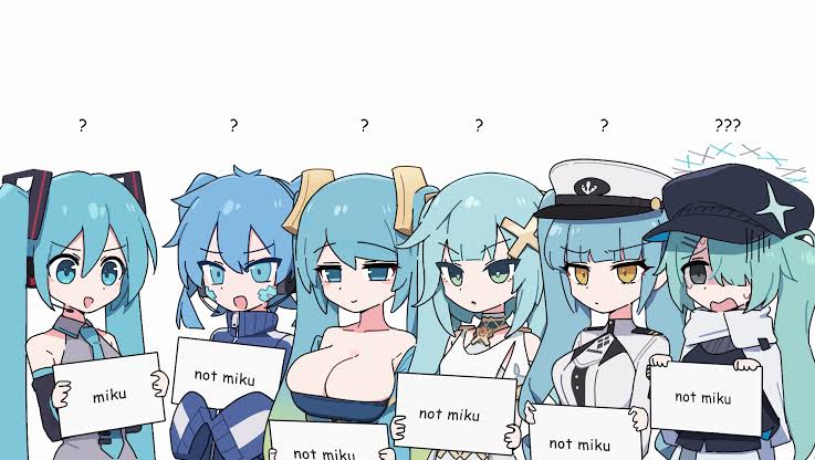 black_rock_shooter black_rock_shooter_(character) character_request copyright_request crossover faruzan_(genshin_impact) genshin_impact hatsune_miku league_of_legends long_hair multiple_girls sona_buvelle twintails vocaloid white_background