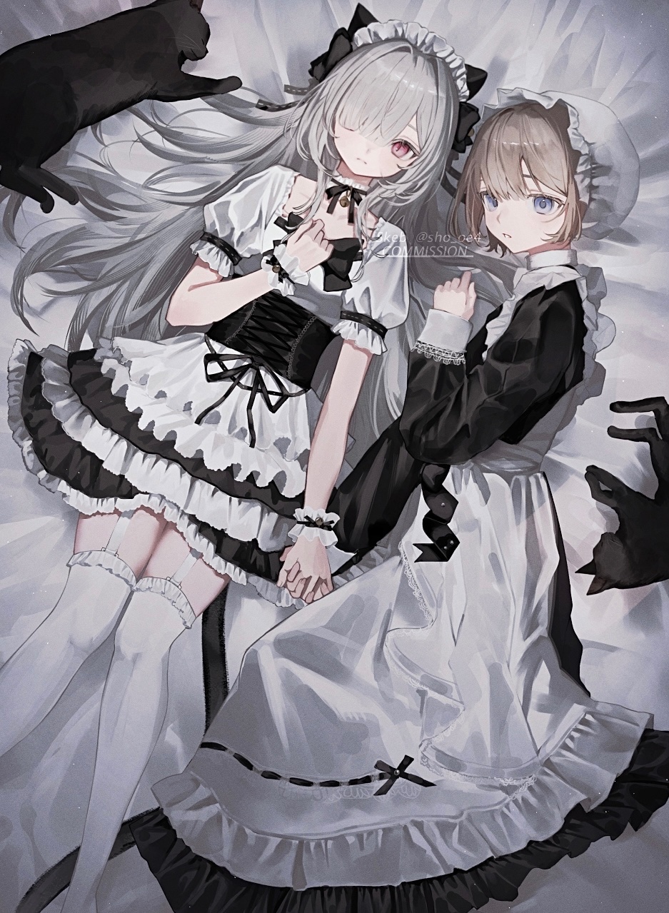 2girls apron bed_sheet bell black_cat black_dress blonde_hair blue_eyes bonnet cat choker commission dress feet_out_of_frame frilled_apron frilled_bonnet frilled_dress frills garter_straps grey_hair hair_over_one_eye highres holding_hands lace-trimmed_choker lace_trim long_dress long_hair lying maid maid_apron maid_headdress multiple_cats multiple_girls neck_bell neck_ribbon on_back on_bed on_side original pink_eyes puffy_short_sleeves puffy_sleeves ribbon short_hair short_sleeves shou_(mori_boro) skeb_commission thigh-highs watermark white_thighhighs yuri