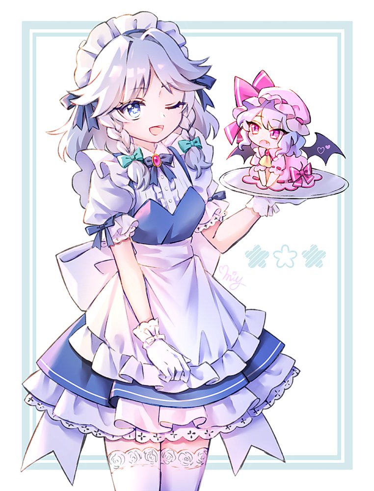apron bat_wings blue_eyes blue_hair bow braid commentary dress frilled_dress frills gloves grey_hair hair_bow hat izayoi_sakuya maid_apron maid_headdress mini_person miy_001 mob_cap on_plate one_eye_closed open_mouth pink_eyes puffy_short_sleeves puffy_sleeves remilia_scarlet short_sleeves size_difference slit_pupils symbol-only_commentary thigh-highs touhou twin_braids white_gloves white_thighhighs wings