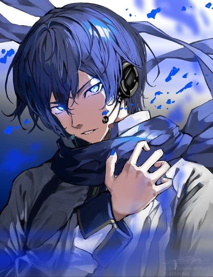 1boy blue_eyes blue_hair blue_nails blue_scarf coat dark_blue_hair glowing glowing_eyes hair_between_eyes hand_up headphones headset kaito_(vocaloid) looking_at_viewer male_focus parted_lips scarf serious shirubaa short_hair signature sketch solo upper_body vocaloid watermark white_coat wind wind_lift