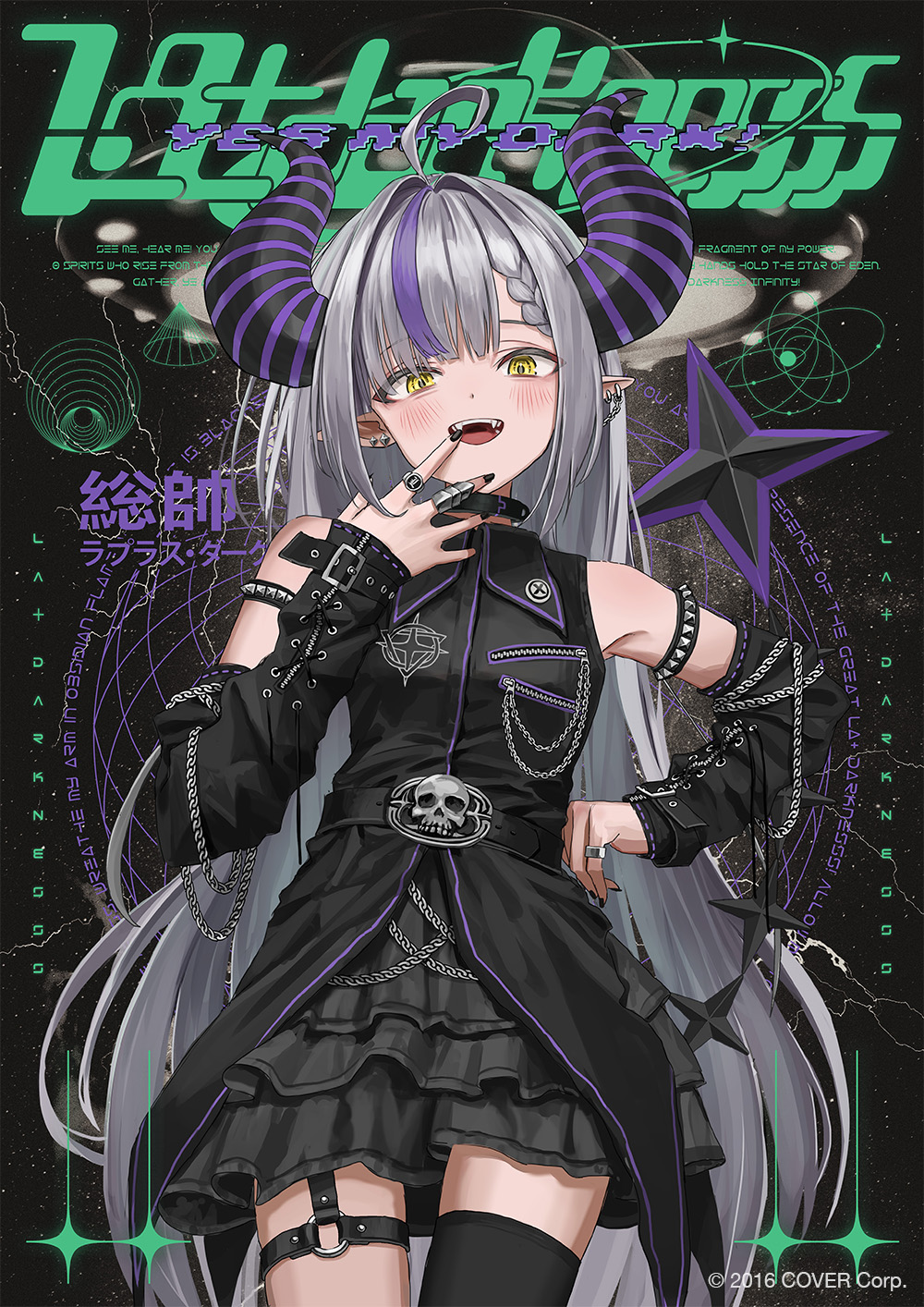1girl :d asymmetrical_legwear badge belt black_belt black_choker black_horns black_nails black_shirt black_skirt black_thighhighs blush breasts button_badge chain character_name choker commentary_request cowboy_shot demon_horns ear_piercing earrings fangs frilled_skirt frills galaxy grey_hair hands_on_own_face heavy_metal high_belt highres hololive horns jewelry la+_darknesss lightning long_hair multicolored_hair nadegata piercing pointy_ears punk purple_hair purple_horns ring shapes shirt single_thighhigh skirt skull_belt small_breasts smile solo star_(sky) star_(symbol) streaked_hair striped_horns studded_armlet teeth thigh-highs upper_teeth_only virtual_youtuber yellow_eyes zipper