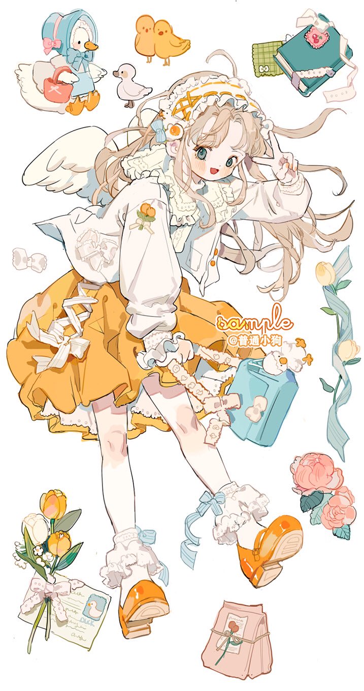 1girl ahoge angel_wings animal_keychain ankle_cuffs ankle_socks bag bird blonde_hair blue_bag blue_bow blue_eyes blue_ribbon blush_stickers book bouquet bow bow_legwear bow_skirt center_frills chick collared_shirt commentary cross-laced_clothes cross-laced_hairband cross-laced_skirt english_commentary eyelashes flower food-themed_hair_ornament fried_egg frilled_hairband frilled_shirt_collar frilled_skirt frills full_body goose hair_bow hair_ornament hairband handbag highres holding holding_bag jacket keychain lace_bow lolita_hairband long_hair looking_at_viewer mary_janes napkin open_clothes open_jacket open_mouth orange_footwear original pink_flower pink_rose postcard putong_xiao_gou ribbon ribbon-trimmed_collar ribbon-trimmed_hairband ribbon_trim rose sample_watermark shirt shoes skirt smile socks solo tulip twitter_username v watermark white_background white_bow white_flower white_hairband white_jacket white_shirt white_socks white_tulip white_wings wings yellow_flower yellow_skirt yellow_tulip