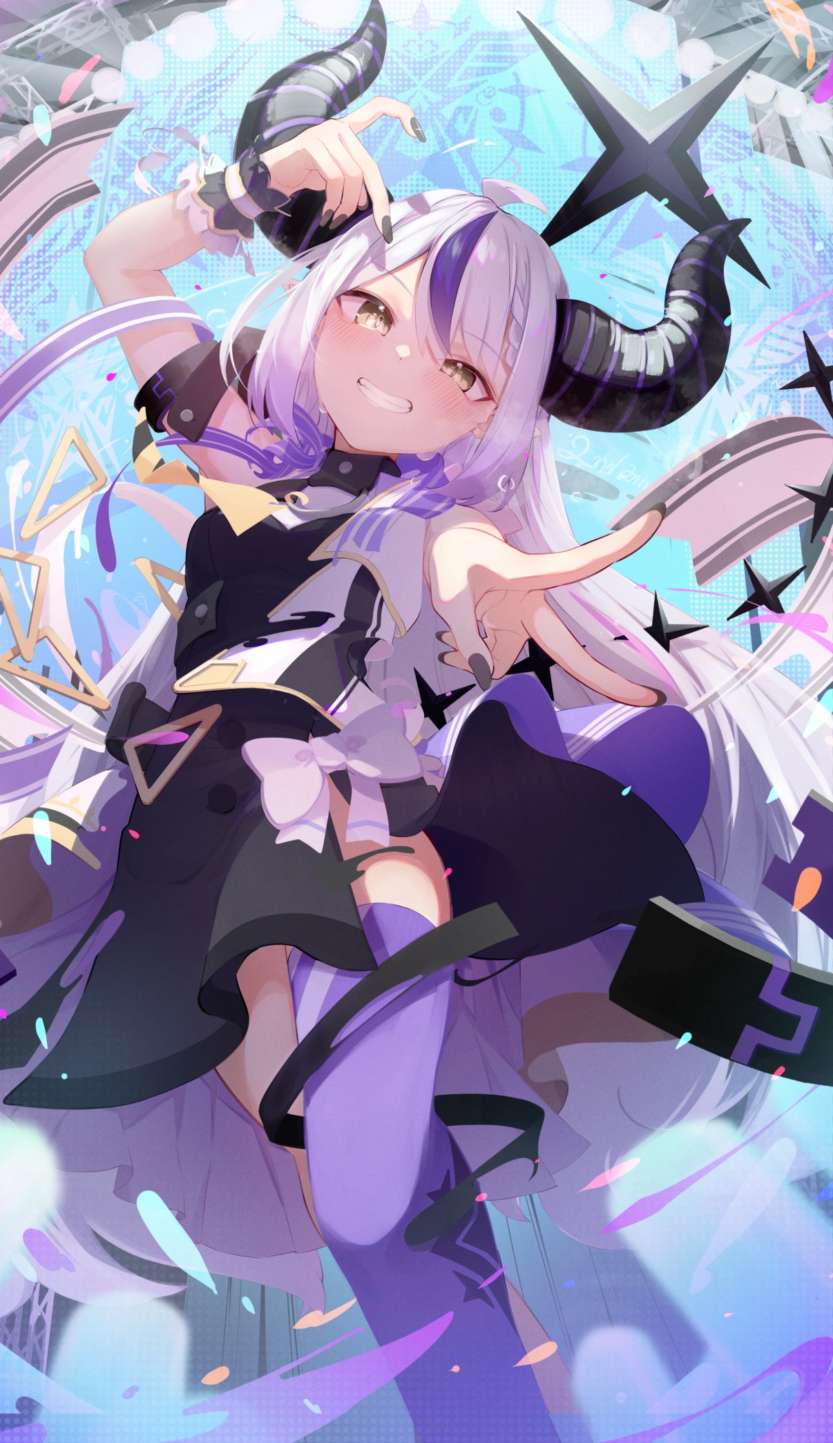 1girl ahoge arm_cuffs ascot bare_shoulders black_horns black_nails braid braided_bangs grey_hair highres hololive hololive_idol_uniform horns la+_darknesss la+_darknesss_(1st_costume) long_hair motoi_(croa76) multicolored_hair official_alternate_costume pointy_ears purple_hair purple_thighhighs single_thighhigh smile solo streaked_hair striped_horns sweat thigh-highs transforming_clothes virtual_youtuber wrist_cuffs yellow_ascot yellow_eyes