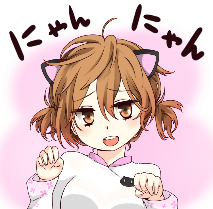 1girl animal_ears breasts brown_eyes brown_hair cat_ears commentary_request dress fake_animal_ears floral_print hair_between_eyes hands_up i.u.y light_blush long_sleeves looking_at_viewer medium_breasts medium_hair messy_hair misaka_worst open_mouth paw_pose portrait short_twintails solo teeth toaru_majutsu_no_index toaru_majutsu_no_index:_new_testament twintails upper_teeth_only vietnamese_dress white_dress