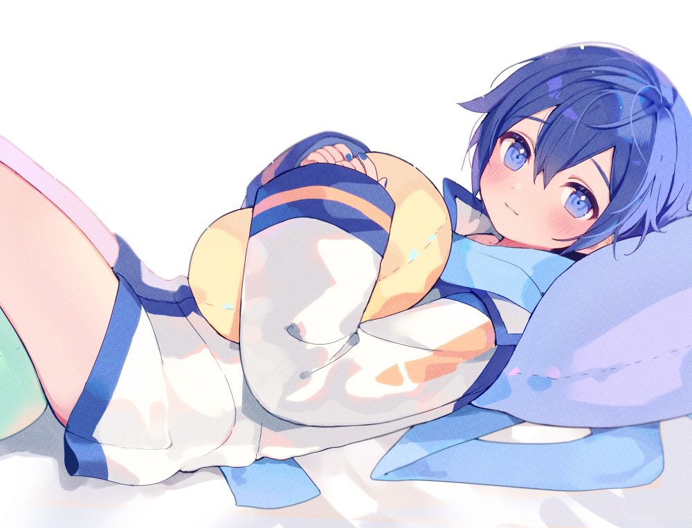 1boy blue_eyes blue_hair blue_nails blush closed_mouth kaito_(vocaloid) long_sleeves looking_at_viewer lying mogu_(wy5xrt7w) on_back pillow project_diva_(series) short_hair smile solo vocaloid