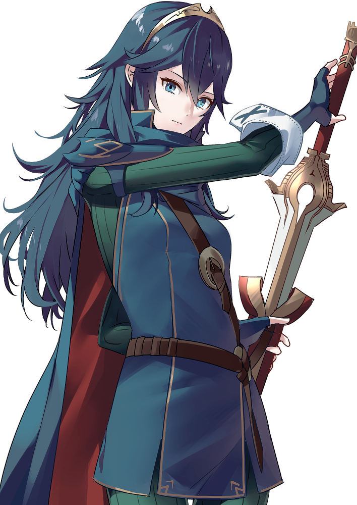 1girl ameno_(a_meno0) armor belt blue_cape blue_eyes blue_gloves blue_hair blue_sweater brown_belt cape closed_mouth expressionless falchion_(fire_emblem) fingerless_gloves fire_emblem fire_emblem_awakening gloves hair_between_eyes holding holding_sword holding_weapon long_hair looking_at_viewer lucina_(fire_emblem) pauldrons red_cape ribbed_sweater sheath shoulder_armor simple_background solo sweater sword tiara two-tone_cape weapon white_background