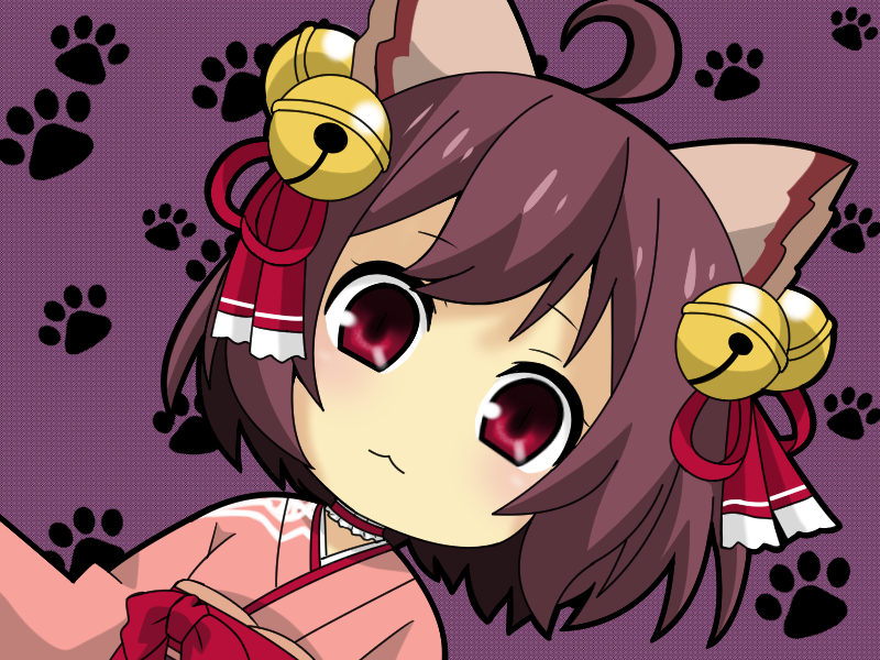 1girl :3 ahoge animal_ears bell black_outline blush bow brown_hair cat_ears cat_girl choker closed_mouth commentary_request dutch_angle flat_chest frilled_choker frills hair_bell hair_ornament hair_ribbon ichihime japanese_clothes jingle_bell kimono long_sleeves looking_at_viewer mahjong_soul matsudora124 medium_bangs obi outline paw_print paw_print_background pink_kimono purple_background red_bow red_choker red_eyes red_ribbon red_sash ribbon sash short_hair smile solo upper_body waist_bow
