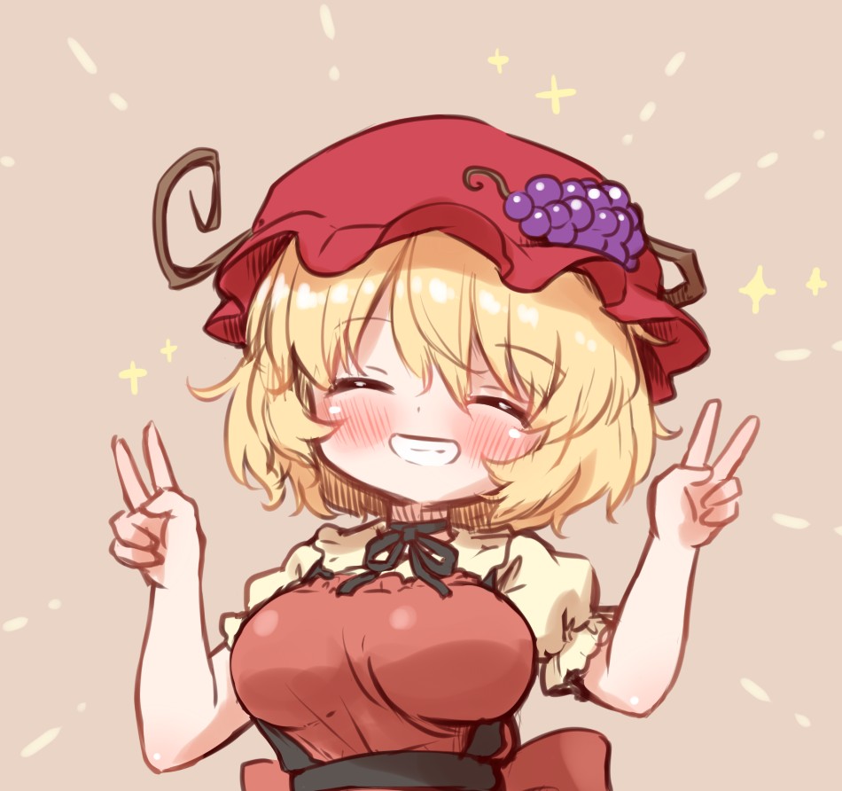 1girl aki_minoriko apron arinu blonde_hair blush breasts brown_background closed_eyes collared_shirt facing_viewer fruit_hat_ornament grape_hat_ornament grin hair_between_eyes hat hat_ornament large_breasts mob_cap red_apron red_headwear shirt short_hair short_sleeves simple_background smile solo touhou upper_body yellow_shirt