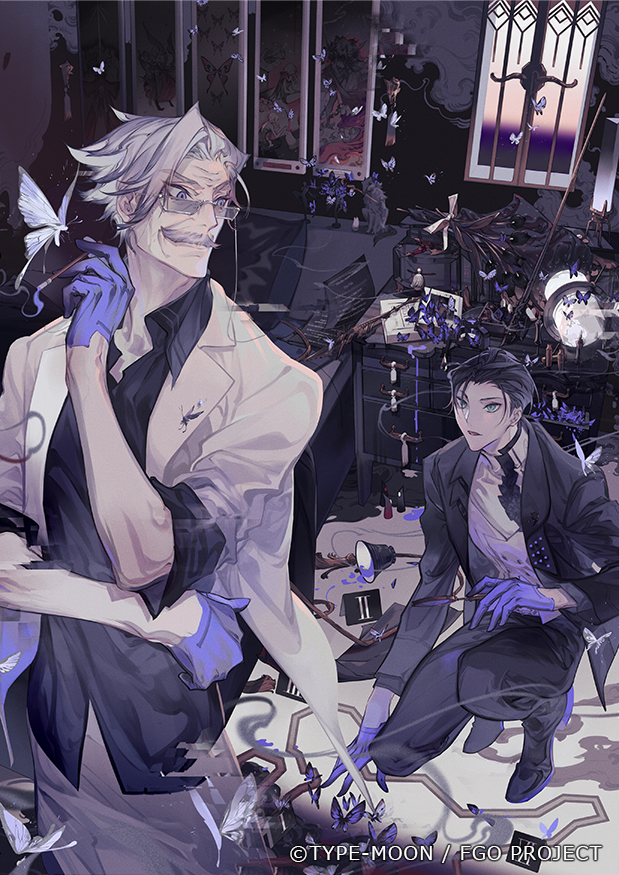 2boys aqua_eyes bed black_flower black_footwear black_hair black_jacket black_pants black_shirt black_suit bouquet bug butterfly chalk_outline collared_shirt copyright_notice cowboy_shot crime_scene drawer evidence_markers eye_contact eyewear_strap facial_hair fate/grand_order fate_(series) figure flower full_body glasses gloves grey_hair hair_slicked_back half_gloves holding holding_smoking_pipe indoors jacket james_moriarty_(archer)_(fate) lamp lapel_pin lapels long_sleeves looking_at_another looking_back looking_up male_focus mature_male molatoliamu multiple_boys mustache notched_lapels official_art old old_man on_one_knee open_clothes open_collar open_jacket painting_(object) pants paper parted_lips pillow purple_butterfly purple_gloves sherlock_holmes_(fate) shirt short_hair sleeves_rolled_up smile smoke smoking_pipe suit tassel tulip turtleneck untucked_shirt vest violet_eyes white_butterfly white_jacket white_pants white_shirt white_vest window wrinkled_skin