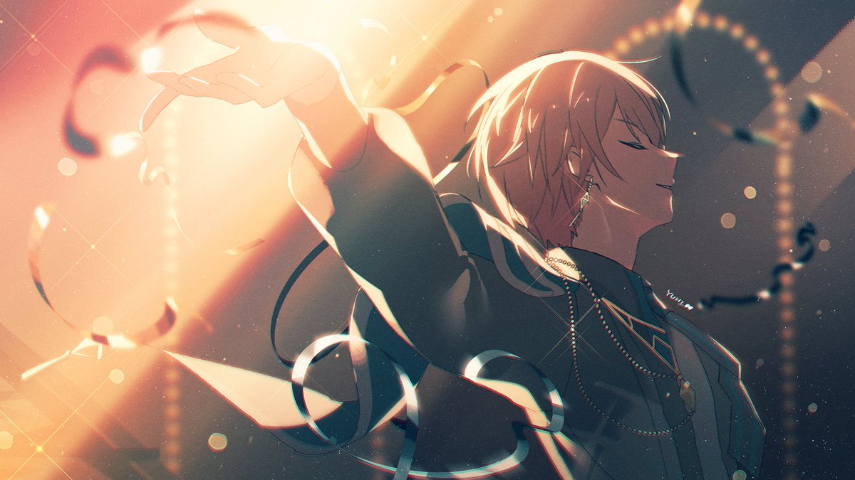 1boy arm_up artist_name blonde_hair blurry blurry_background closed_eyes commentary_request confetti earrings jewelry long_sleeves male_focus official_alternate_costume parted_lips project_sekai short_hair solo teeth tenma_tsukasa upper_body yuhi_(hssh_6)