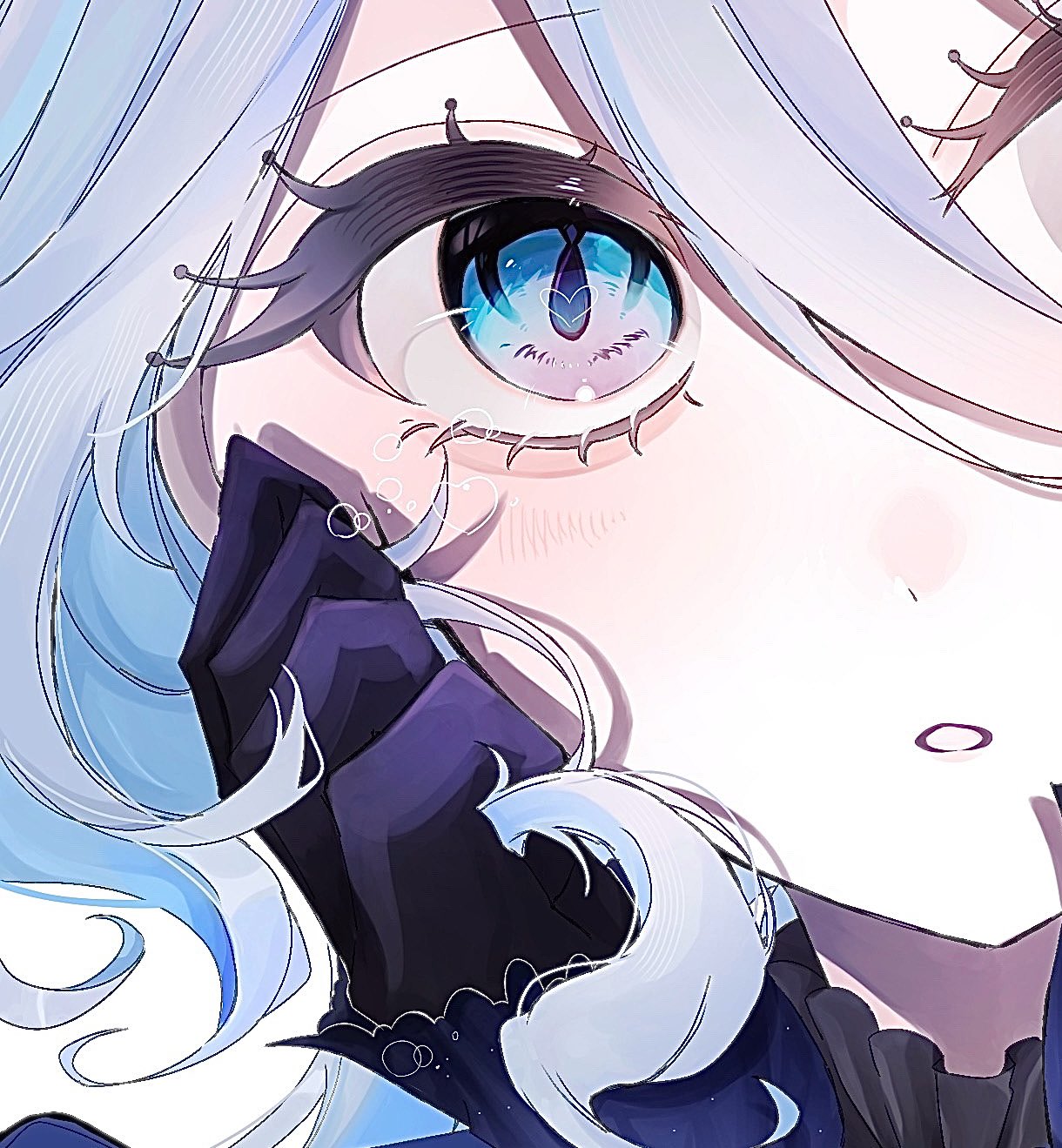 1girl black_gloves blue_eyes blue_hair close-up eye_focus furina_(genshin_impact) genshin_impact gloves hair_between_eyes highres light_blue_hair light_blush looking_at_viewer onenne_x open_mouth sidelocks simple_background solo white_background