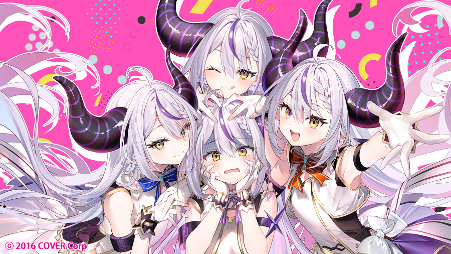 1girl ahoge blue_bow blue_bowtie bow bowtie braid closed_mouth demon_girl demon_horns floating_hair gloves grey_hair hair_between_eyes heart heart_hands hololive hololive_idol_uniform hololive_idol_uniform_(bright) horns la+_darknesss long_hair looking_at_another looking_at_viewer multicolored_hair official_alternate_costume official_art one_eye_closed open_mouth orange_bow orange_bowtie purple_bow purple_bowtie purple_hair riichu smile streaked_hair striped striped_bow striped_bowtie tongue tongue_out virtual_youtuber white_gloves yellow_eyes