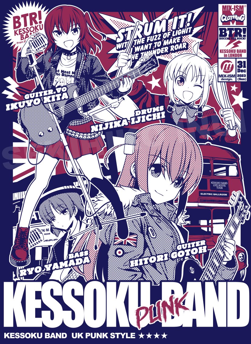4girls :d ahoge band bass_guitar black_choker black_nails black_necktie black_suit bocchi_the_rock! boots bow bowler_hat bowtie bracelet character_name choker collar collarbone commentary cube_hair_ornament cymbals detached_ahoge dot_nose double-decker_bus drum drum_set drumsticks electric_guitar fender_precision_bass gotoh_hitori guitar hair_ornament hat holding holding_drumsticks holding_instrument holding_microphone ijichi_nijika instrument inui_sekihiko jacket jewelry kita_ikuyo leather leather_jacket microphone microphone_stand mole multiple_girls music necktie one_eye_closed pink_hair poster_(medium) punk red_footwear red_nails red_skirt redhead rocker-chic shirt side_ahoge skirt smile smirk standing star_(symbol) striped striped_shirt studded_collar suit suspenders union_jack watermark yamada_ryo