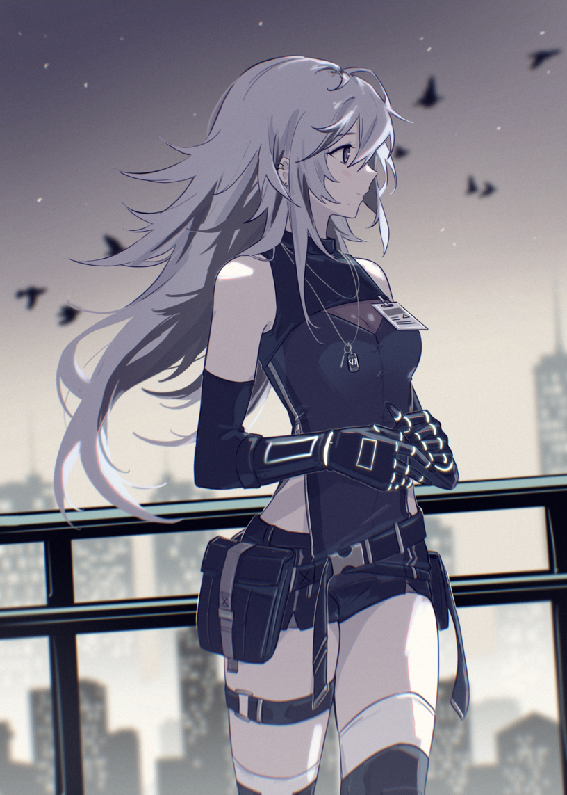 1girl ahoge belt belt_pouch bird black_shirt black_thighhighs cleavage_cutout clothing_cutout commandant_(punishing:_gray_raven) connie_(expuella) dog_tags grey_eyes grey_hair hair_between_eyes id_card long_hair mao_(expuella) mechanical_arms messy_hair multiple_belts original pouch punishing:_gray_raven railing shirt sleeveless sleeveless_shirt solo star_(sky) thigh-highs thigh_strap