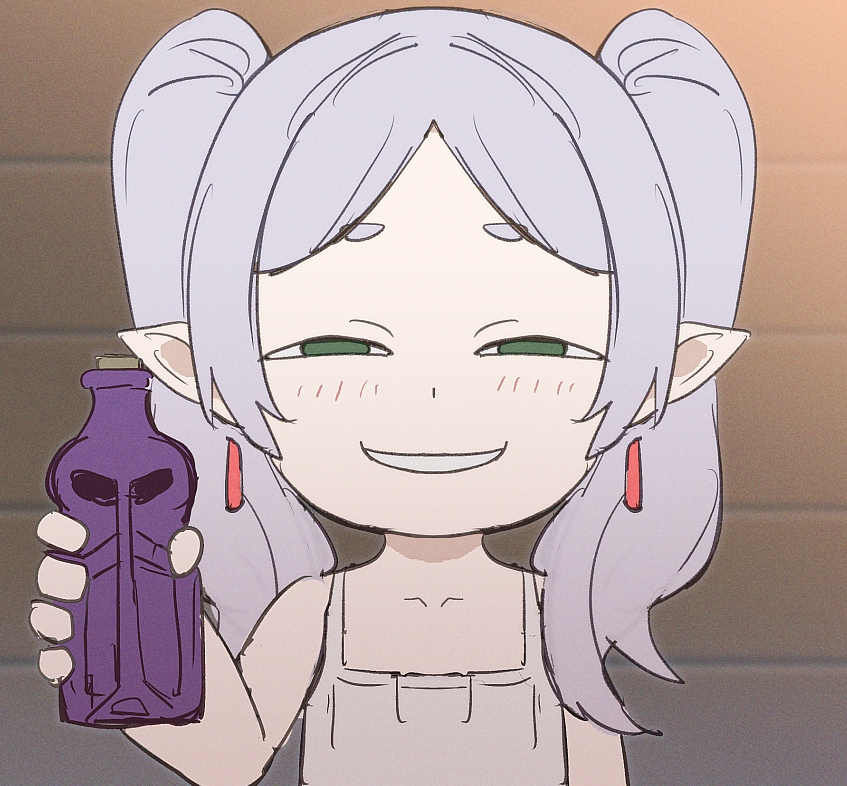 1girl anya's_heh_face_(meme) blush bottle bow_(bhp) earrings elf frieren grey_hair holding holding_bottle jewelry looking_at_viewer medium_hair meme pointy_ears smile solo sousou_no_frieren spy_x_family twintails upper_body