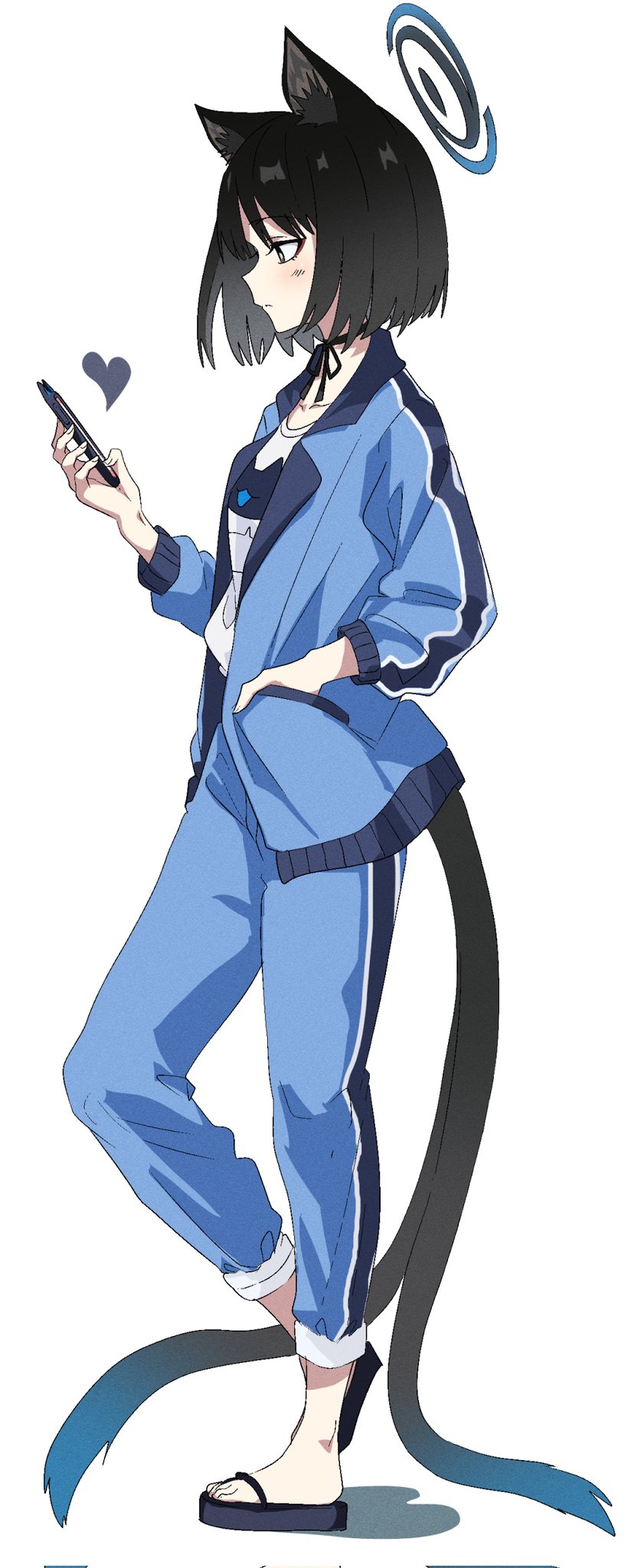 1girl animal_ear_fluff animal_ears black_choker black_footwear black_hair blue_archive blue_jacket blue_pants blush cat_ears cat_girl cat_tail cellphone choker closed_mouth from_side halo hand_in_pocket heart highres holding holding_phone jacket kikyou_(blue_archive) long_sleeves momomatang multiple_tails open_clothes open_jacket pants phone profile sandals shirt short_hair simple_background smartphone smartphone_case solo standing tail track_jacket track_pants two_tails white_background