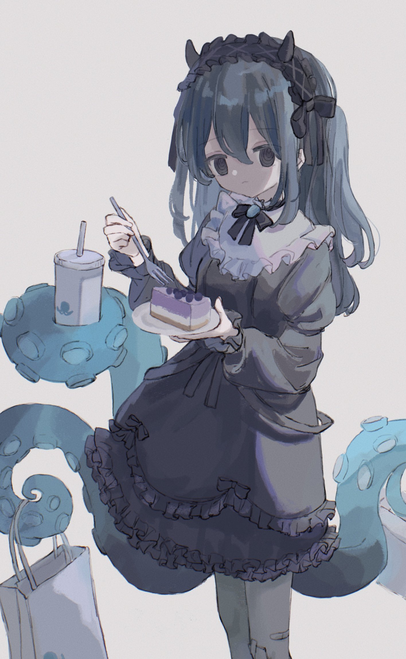 1girl bag black_dress black_eyes black_hairband black_horns black_ribbon blue_hair cake cake_slice cheesecake chimoshi_(hitsuji_tonakai) closed_mouth collared_dress cowboy_shot cup disposable_cup dress empty_eyes expressionless food fork frilled_dress frills grey_background grey_pantyhose hair_between_eyes hairband hashtag_only_commentary highres holding holding_fork holding_plate horns indie_virtual_youtuber lolita_hairband long_hair long_sleeves looking_at_viewer neck_ribbon pantyhose plate puffy_long_sleeves puffy_sleeves ribbon ringed_eyes shopping_bag simple_background solo standing tentacle_hold virtual_youtuber yamata_ia