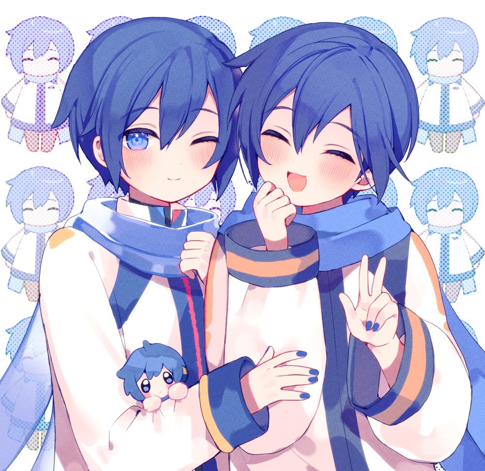 2boys blue_eyes blue_hair blue_nails blush closed_mouth kaito_(vocaloid) long_sleeves looking_at_viewer mogu_(wy5xrt7w) multiple_boys one_eye_closed open_mouth project_diva_(series) short_hair smile v vocaloid